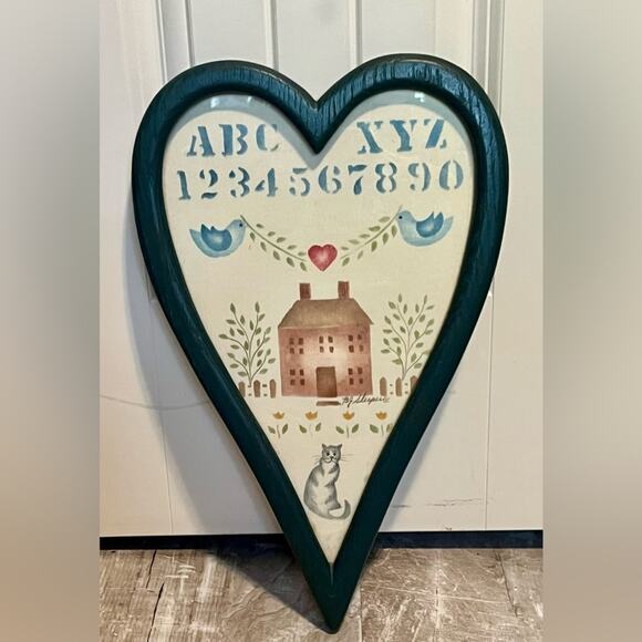 Vintage folk art heart cat picture, professionally framed - Picture 1 of 6